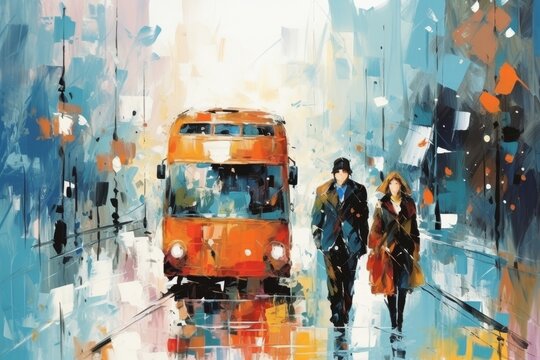 Vintage london poster with bus in the rain, realistic watercolor on large canvas, classic charm