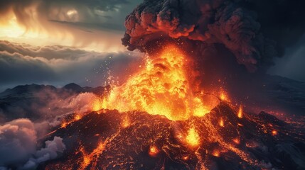 Huge eruption of an active volcano with gigantic explosion, ashes cloud and smoke, magma and lava flow, high angle view from the sky - Powered by Adobe