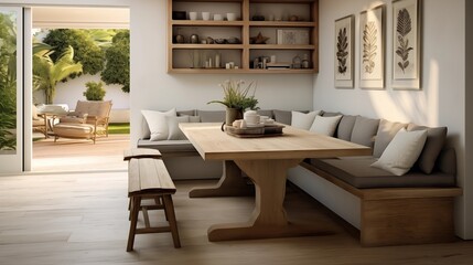 Create a lounge area with built-in seating and a central dining table.