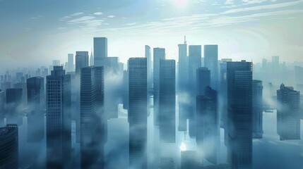 Foggy City Skyline With Skyscrapers