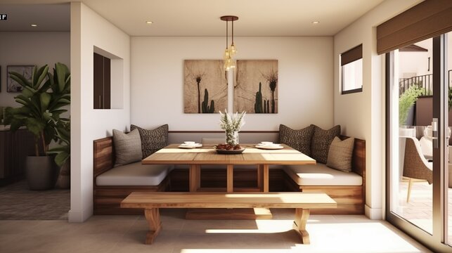 Create a lounge area with built-in benches and a central dining table.
