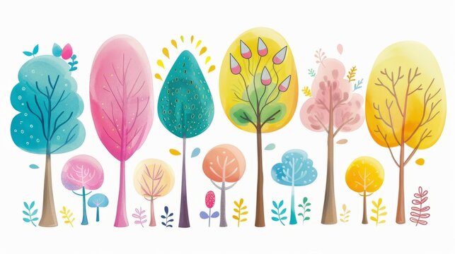 Illustration of colorful and cute trees on a white background