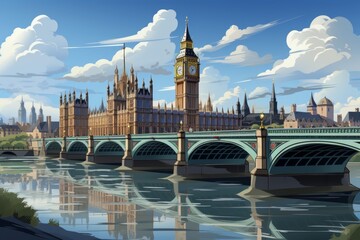 Vintage london poster  sunny day, blue sky, flat illustration style, classic design