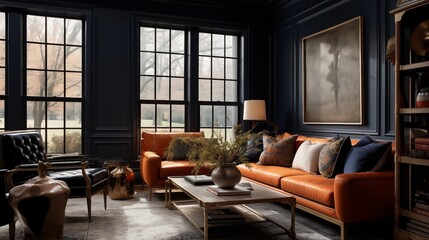 Dark Navy Walls with Burnt Orange and Gold Details in the Sunroom.