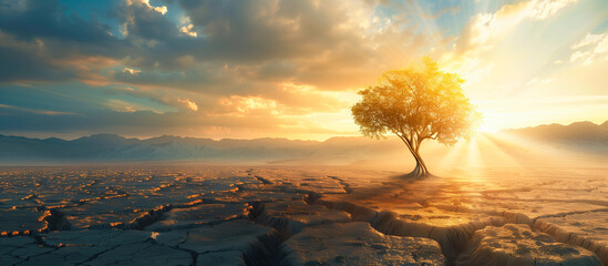 save earth day, global warming, climate change concept background. lone tree in dry desert - obrazy, fototapety, plakaty