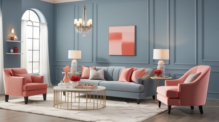 Dusty Blue and Coral Achieve a fresh and modern look with dusty blue walls and coral-colored accessories.