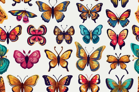 Vector pattern with the image of colored butterflies flying small and large on white background in flat style.
