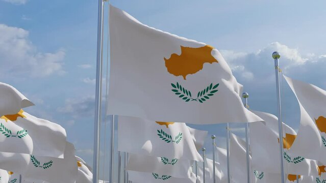 Flags on Cyprus flag pole and blue sky. 3D render. Flags of Cyprus fluttering in blue sky big national symbol. Waving white Cyprus flags, Independence Constitution Day.
