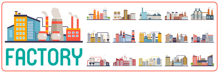 Factory buildings, Power electricity, industry manufactory buildings flat decorative icons set isolated vector illustration