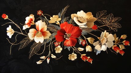 Japanese style goldwork flowers on black background