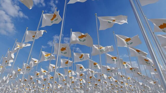 National flags of Cyprus waving in the wind. 3D render. Orange map with white, Cypriot country flags. 
Republic of Cyprus flags is a symbol of freedom, patriotism and independence.
