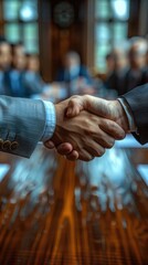 Two professionals engaging in a firm handshake, symbolizing partnership and agreement in a corporate setting.