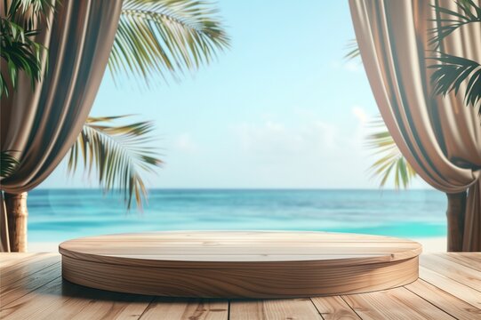 summer in the beach podium with tropical tree background with warm vibe with clear sky for product mock up