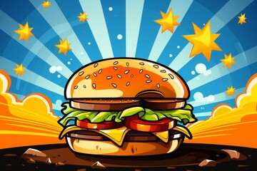 Vintage burger and fries tattoo style digital expressionism illustration in high resolution