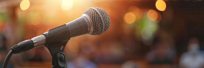 a microphone on stage with a blurred background, representing public speaking or presentation. Web banner with empty space for text