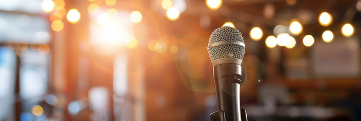 a microphone on stage with a blurred background, representing public speaking or presentation. Web banner with empty space for text - obrazy, fototapety, plakaty