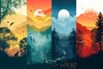 Four different landscapes with a sun and moon in the sky. The sun is in the middle of the top left and the bottom right