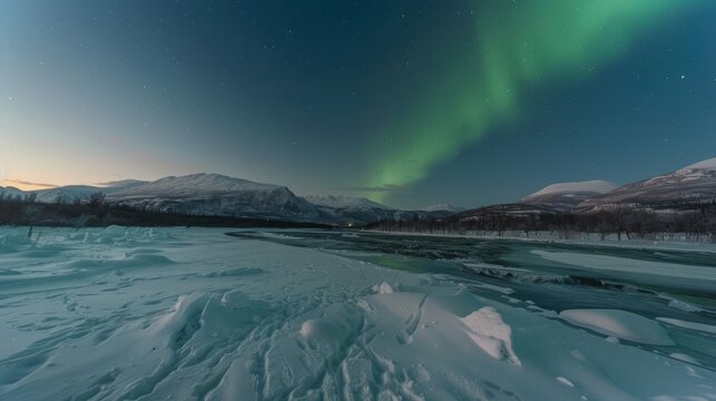 Landscape of frozen river and aurora borealis