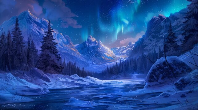 Landscape of frozen river and aurora borealis
