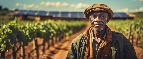 A elderly black african farmer man on farm fields with solar panels on the side for green renewable energy banner copyspace from Generative AI