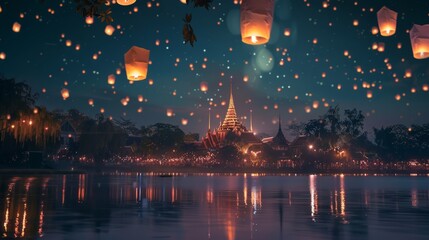 Lanterns floating in the sky above a lake by the temle, Loi Krathong festival or Yi Peng in Thailand, Loy Krathong Holiday Thailand