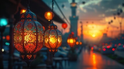 Obraz na płótnie Canvas Colorful lanterns adorning Middle Eastern street for Ramadan