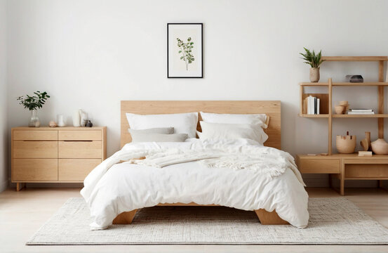 Natural wood bed and bedside cabinets against wall with two poster frame  on white background