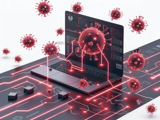 A graphic representation of virus analysis on a digital platform, illustrating cybersecurity and health informatics concepts.