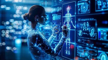 A female scientist expertly manipulates a futuristic holographic body scan interface, showcasing cutting-edge medical technology.