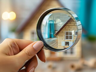Close-up of a magnifying glass scrutinizing a small model home, conceptually highlighting inspection and attention to detail.