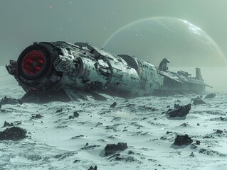 The wreckage of a futuristic spaceship lies desolate on an alien landscape, with a large planet looming in the sky.