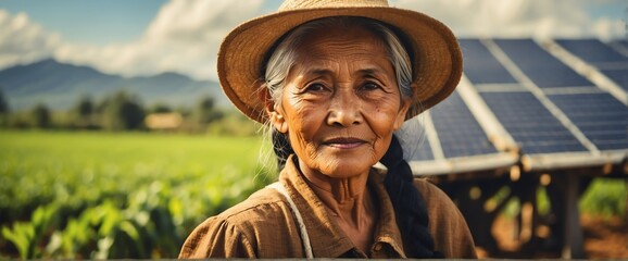 A elderly filipino farmer woman on farm fields with solar panels on the side for green renewable energy banner copyspace from Generative AI - obrazy, fototapety, plakaty