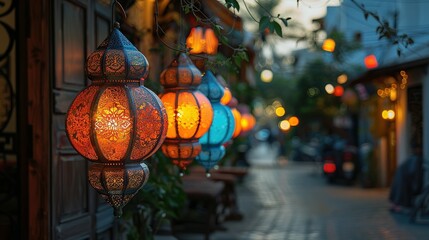 Colorful lanterns adorning Middle Eastern street for Ramadan