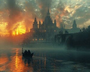 Ephemeral cathedral on the river foggy procession - obrazy, fototapety, plakaty
