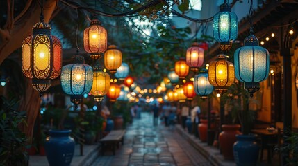 Fototapeta na wymiar Colorful lanterns adorning Middle Eastern street for Ramadan
