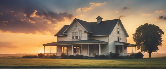 A farm house in an amish county at sunset from Generative AI - obrazy, fototapety, plakaty