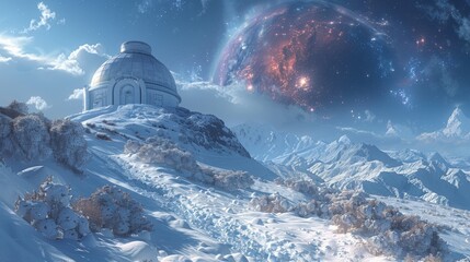 Radiant observatory cloaked in snow - obrazy, fototapety, plakaty