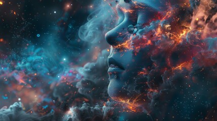 Digital artwork of a woman's face merging with a vibrant cosmic nebula, illustrating a surreal and ethereal concept. - obrazy, fototapety, plakaty