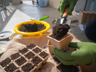 home gardening, hand with gardening gloves fills the paper pot with soil at home