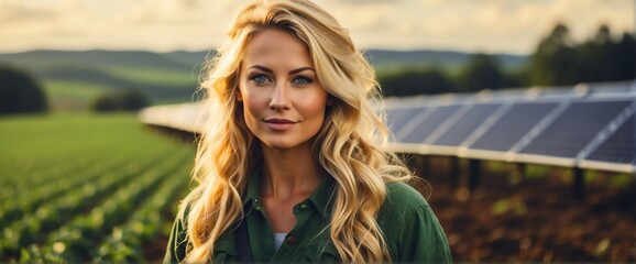 A young blonde farmer woman on farm fields with solar panels on the side for green renewable energy banner copyspace from Generative AI - obrazy, fototapety, plakaty