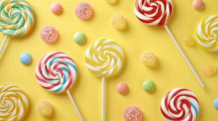 multi colored candies with candies and sweets rainbow with yellow pastel background