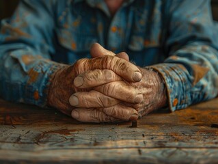 A close-up of an elderly persons hands lightly resting on a table, fingers intertwined.
