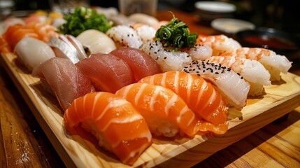 Close-up of various nigiri sushi pieces artistically arranged on a bamboo serving board. - Powered by Adobe