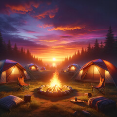 Peaceful Camping Landscape at Sunset: Warm Campfire, Modern Tents, and Vibrant Sky - Tranquil Nature and Adventure Background