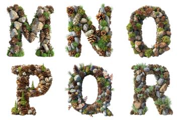 Forest Floor Alphabet: Letters M, N, O, P, Q, R  Composed of Pine Cones, Moss, and Pebbles