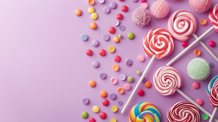 multi colored candies with candies and sweets rainbow with light purple background - obrazy, fototapety, plakaty