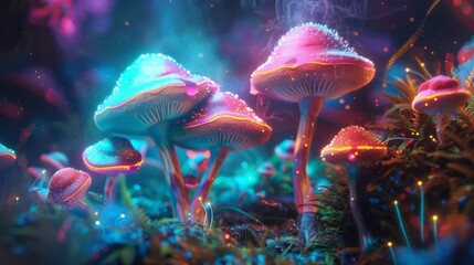 Magical neon mysterious mushrooms. Growing microorganisms - obrazy, fototapety, plakaty