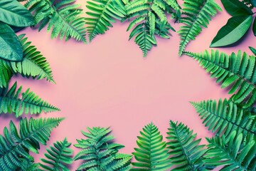 Fototapeta na wymiar Tropical summer background, fern leaves set in the frame around blank space for a text, flat lay, view from above, stylized photo. generative ai.
