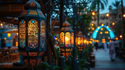 Colorful lanterns adorning Middle Eastern street for Ramadan