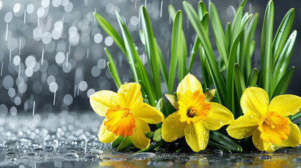 Closeup of yellow daffodils with green leaves,raindrops falling,gray background,bokeh lights.